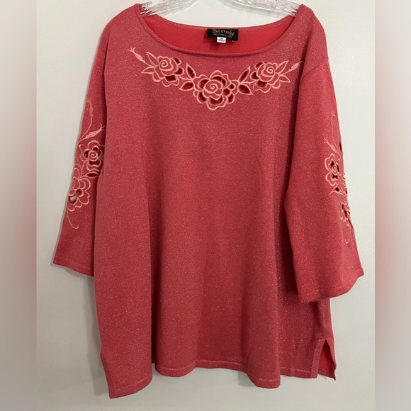 Bob Mackie Tops - Bob Mackie Floral Cut-out Embroidered Metallic 3/4 Sleeve Sparkly Pink 3X